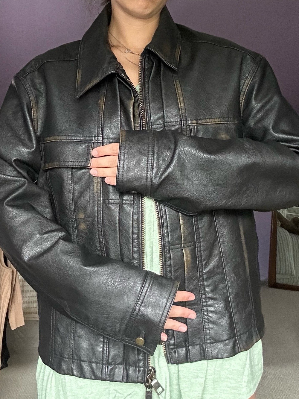 Zara Black Leather Bomber Jacket